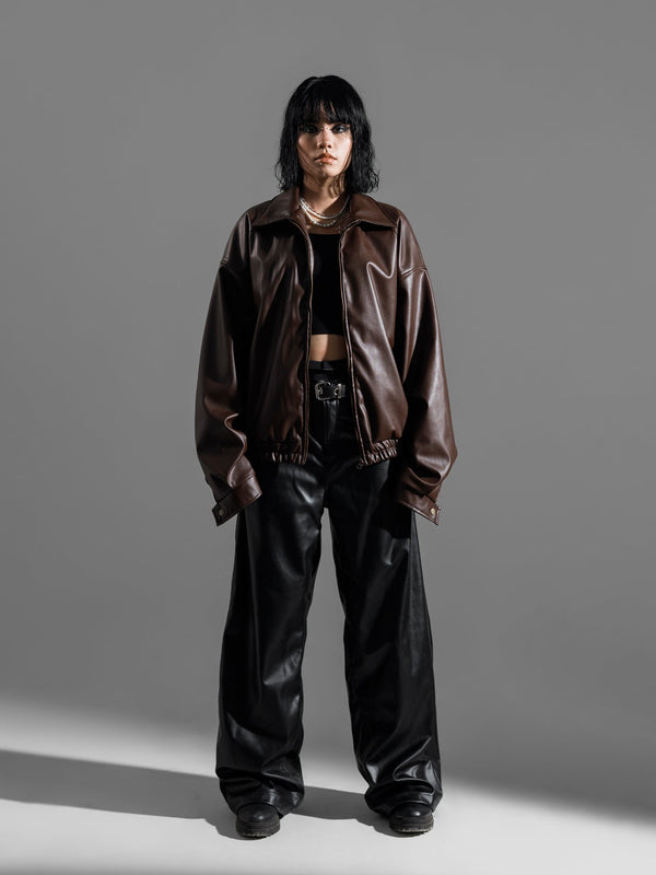 SHIRT COLLAR FAUX LEATHER JACKET OVERSIZED (COFFEE BROWN)